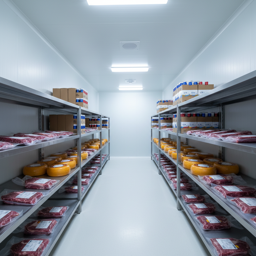 A pristine cold-storage room with gleaming white insulated walls and stainless-steel shelving, holding organized rows of vacuum-packed premium beef, wax-coated cheese wheels, and neatly boxed beverages with visible colored caps. Ceiling-mounted LED panels create bright, even, slightly cool-toned light that enhances the sense of temperature control and hygiene, with subtle reflections on the plastic wrapping and metal shelves. Captured at eye level with a slightly wide lens, the image shows depth as the shelving extends into the distance, remaining sharp and detailed. The minimalist, photographic realism aesthetic feels clinical yet reassuring, emphasizing quality control, food safety standards, and professional handling for export partners in luxury hospitality.