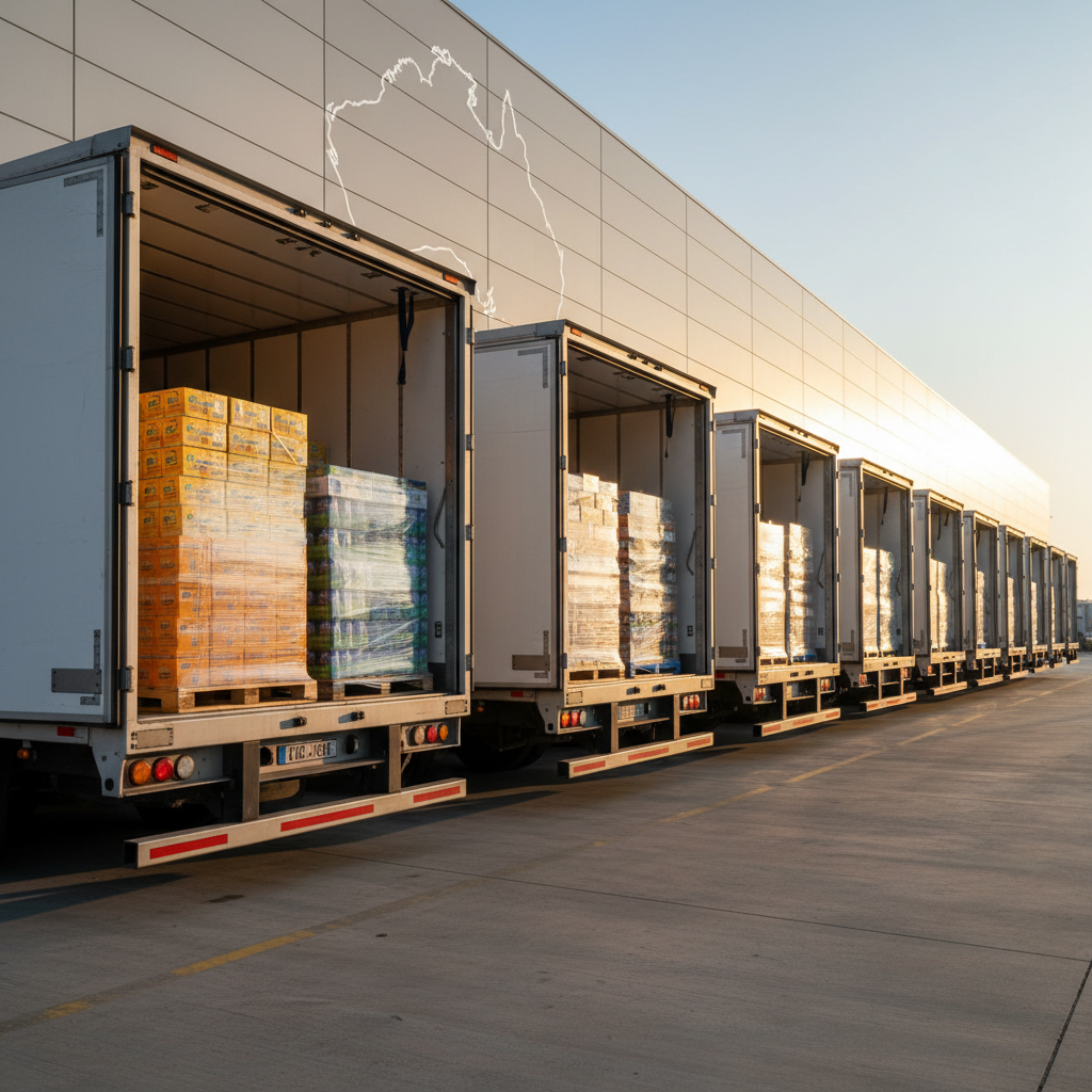 A row of white, temperature-controlled export trucks backed up to a modern distribution facility, each open trailer revealing neatly palletized loads of shrink-wrapped cheese cartons, beef boxes, and beverage cases in color-coded packaging. On the building’s exterior wall, a large minimalist graphic of Australia without text highlights origin. Early morning natural light casts a golden hue on the trucks and creates long, soft-edged shadows on the concrete loading bay. Shot from a low-angle perspective, the composition emphasizes scale and capability, with sharp focus on the closest truck and a slight depth blur toward the end of the row. The photographic realism and clean, professional aesthetic communicate reliability and capacity for supplying hotels and resorts abroad.
