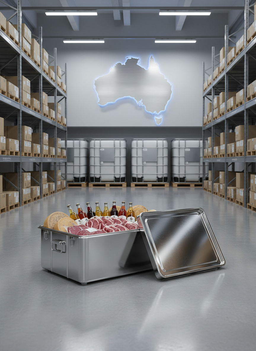 A polished stainless-steel export crate opened on a spotless warehouse floor, revealing neatly arranged vacuum-packed premium beef cuts, wheels of hard cheese with natural rinds, and glass bottles of artisan beverages with colored liquid visible through the glass. In the background, tall shelving holds more labeled cartons and refrigerated containers, with a large outline map of Australia subtly visible on a wall display, emphasizing origin. Cool, bright overhead warehouse lighting creates crisp reflections on the metal and plastic, casting clean shadows. Shot at eye level with sharp focus throughout, the composition feels ordered and professional. The photographic realism, clean lines, and neutral palette convey reliability, food safety, and business-to-business efficiency.