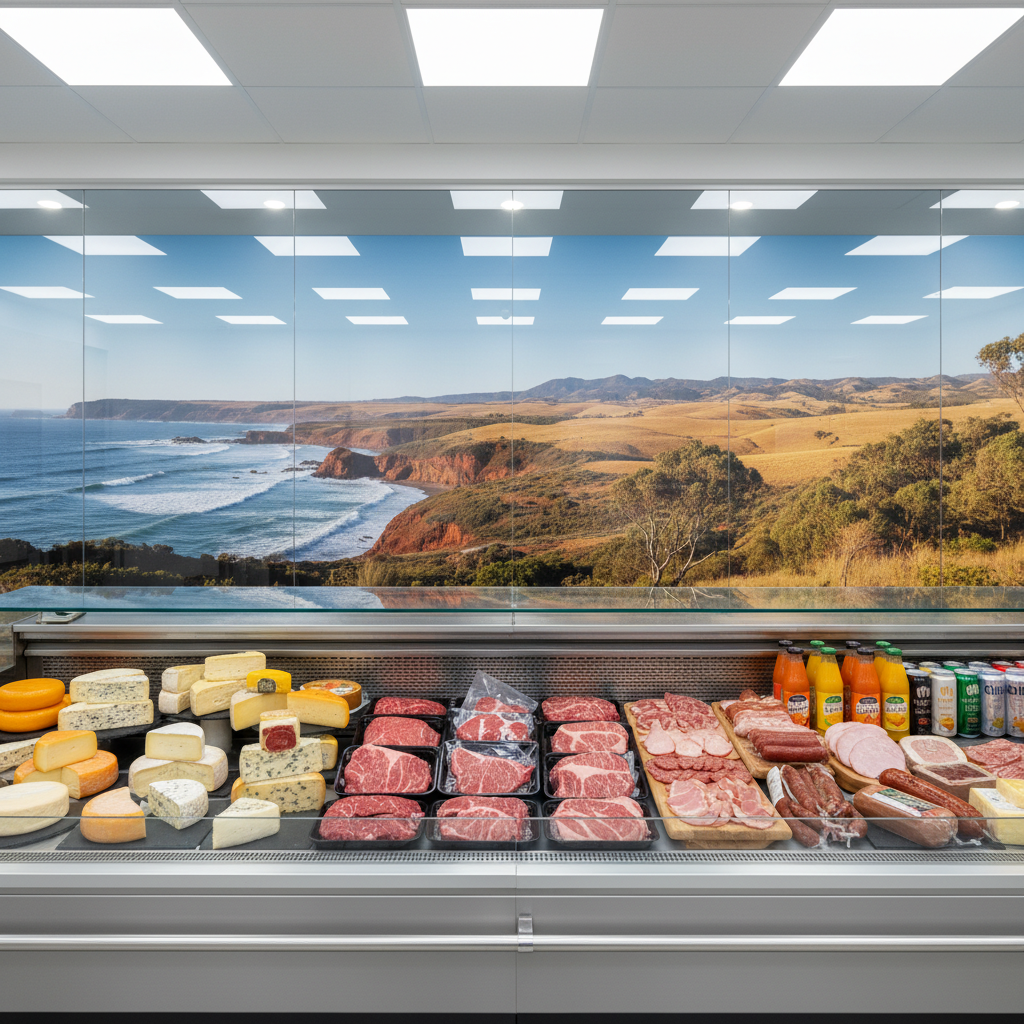 A long refrigerated display table in a modern export packing facility, filled with meticulously arranged Australian cheeses, marbled beef portions on trays, charcuterie, and bottled juices and soft drinks standing upright in tight rows. Behind the table, a glass wall reveals a printed banner-sized image of the Australian coastline and countryside, hinting at source regions without text. Cool white LED ceiling lights produce even, clinical illumination, highlighting freshness and color while keeping shadows soft. Captured from a slightly elevated angle using the rule of thirds, the foreground products are in sharp focus while the background softens into a gentle blur. The atmosphere is precise, trustworthy, and clearly oriented to hotel and resort procurement teams.