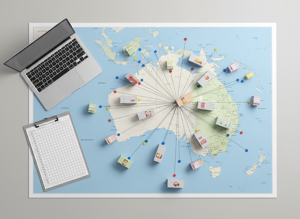 An overhead, flat-lay composition of a logistics planning desk featuring a detailed, unlabeled map with Australia clearly recognizable, shipping routes indicated with small colored markers, and miniaturized, realistic 3D models of refrigerated containers filled with cheese, meat, and beverage cartons. A slim, metallic laptop sits open to a blank screen beside a clipboard stacking printed checklists without visible text. Soft studio lighting from above ensures uniform brightness, minimal shadows, and high clarity on every item. The photographic style is crisp and modern, with cool neutral tones and subtle accents of color from the food models. The atmosphere communicates organization, traceability, and export reliability for business-to-business food shipments.